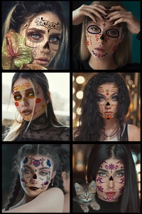 Detailed views of Day of the Dead flower skull face tattoo stickers for costume parties