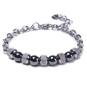 Detailed view of men's stainless steel bracelet with grey tiger eye beads on white background