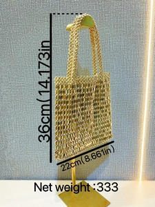 Elegant gold sequined handbag for women, metallic beaded shoulder bag with dimensions