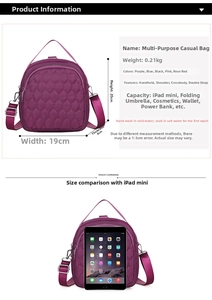 Detailed dimensions of purple quilted nylon bag showing 19x20x8cm size and capacity