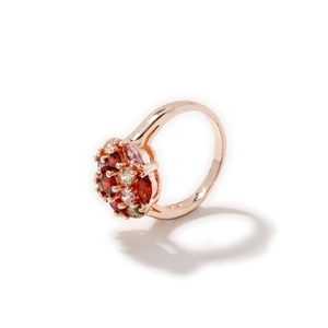 Classic rose gold ring featuring a colorful cluster of round-cut sparkling gemstones
