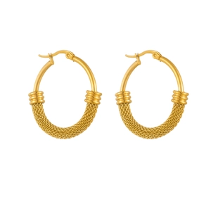 Golden titanium steel geometric hoop earrings with woven texture and metal ring charms