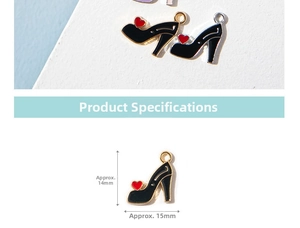 Detail of black high heel charm with red heart pattern and dimensions 14mm by 15mm