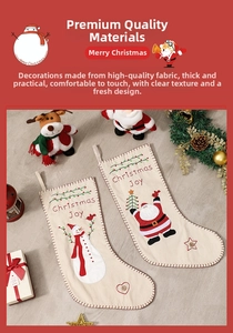 Detail of embroidered Christmas stocking featuring Santa and snowman with festive red stitching