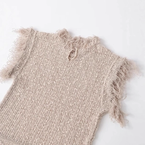 Chic beige textured knit tank top with trendy fringe edges and back teardrop cutout