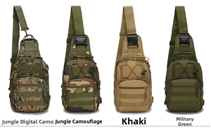 Tactical chest bag variants in jungle digital, camouflage, khaki, and army green colors