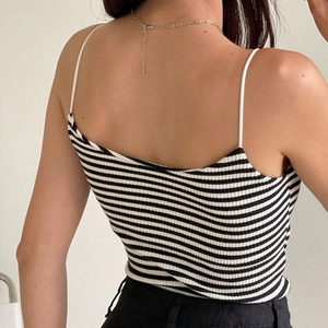Sexy black and white striped backless camisole with thin straps and a delicate chain