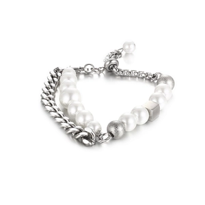 Bracelet double couche avec chaîne cubaine et perles, fermoir réglable pour hommes et femmes
