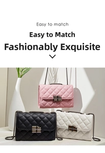 Three quilted crossbody bags in black, white and pink with chain straps and metal buckles