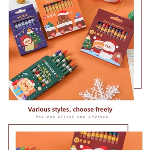 Flat lay of 8 and 12-pack Christmas crayons with Santa and snowman gift packaging