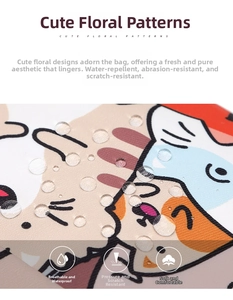 Close-up of waterproof fabric with water droplets on a cute cartoon school backpack