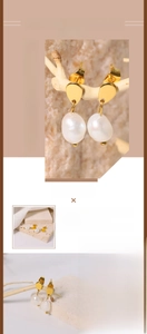 Detail view of baroque freshwater pearls on titanium steel earrings with gold finish