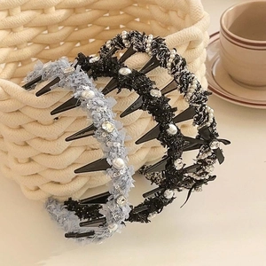 Tweed braided headbands with pearls and rhinestones in blue and black colors