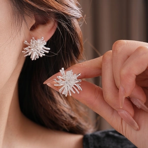 Firework Flower Stud Earrings With Zircon Copper Metal And Silver Earring Post Luxury Fashion Jewelry For Women