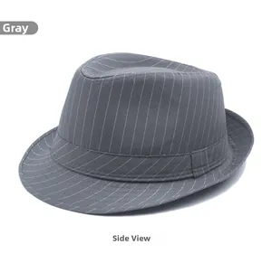 Detailed side view of a grey British fedora hat with white vertical pinstripes and ribbon