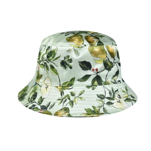 Detail of light green bucket hat with pear and berry print showing reinforced stitched brim