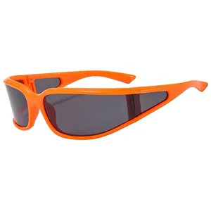 Sporty bright orange wrap-around sunglasses with dark grey polarized lenses for outdoors