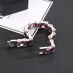 Detail of silver and purple dual-tone stainless steel bicycle chain bracelet for men