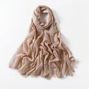 Champagne gold metallic thread scarf with fringes, lightweight shimmering pashmina shawl
