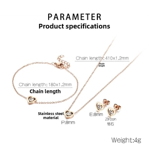 Macro view of stainless steel heart jewelry set details with size and material specifications