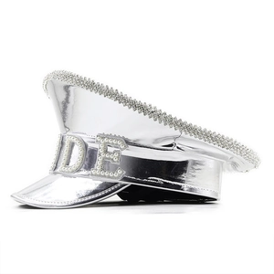 Silver mirror captain hat with BRIDE pearl lettering and rhinestone brim for parties