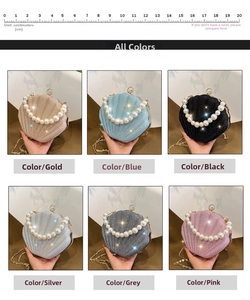 Collection of glitter shell-shaped bags in 6 colors with pearl handles and gold chains