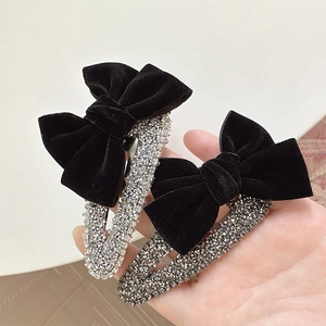 French Vintage Velvet Bow Hair Clip For Women Luxury Full Rhinestone BB Clip Elegant Side Pin Hair Accessories Jewelry