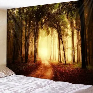 Forest path tapestry wall hanging with sunlight for bedroom aesthetic decor