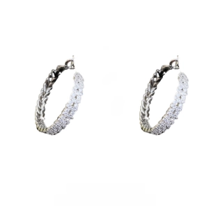 Minimalist silver hoop earrings with leaf zircon inlay shown on white background