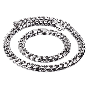 Silver Cuban link chain necklace and bracelet set in polished titanium steel for men