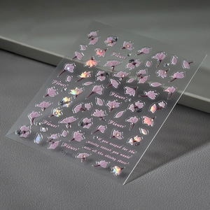 5D embossed nail art stickers featuring pink cherry blossoms with holographic details