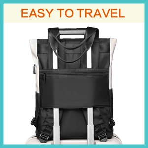 Travel laptop backpack with back strap attached to luggage handle for easy transport