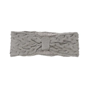 Detailed macro view of gray knitted headband featuring classic cable stitch pattern