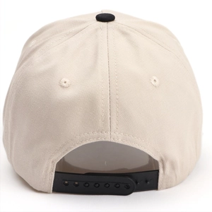Rear view of beige cotton baseball cap with black snapback closure and contrast details