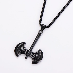 Detailed view of a trendy black double-edged axe pendant with matching link chain