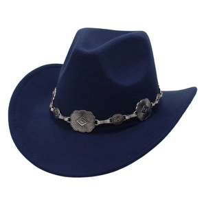 Dunkelblauer Wollfilzhut mit silberner Metallkette im Vintage-Western-Stil