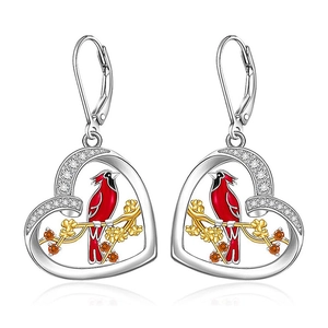Heart Drop Earrings Copper Red Enamel Cardinal Bird Golden Branch White Zircon Vintage Nature Style Women Gift