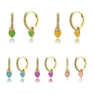 Detailed view of S925 silver heart enamel earrings with zircon crystals in five colors