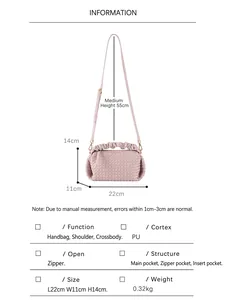 Pink woven PU leather handbag with ruffle edges and dimensions 22x11x14cm for women