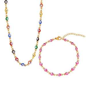Colorful enamel evil eye pendant necklace and matching pink bracelet jewelry set