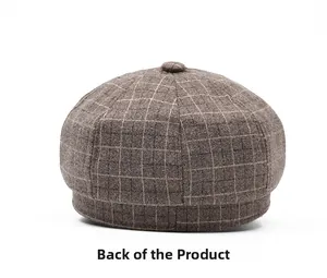 Rear view of brown checkered newsboy cap showing detailed wool blend texture