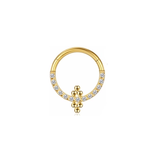 F136 titanium gold hinged clicker ring with clear gems and hanging cross bead charm