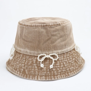 Washed Denim Bucket Hat With Faux Artificial Pearl Bow Decoration Retro Sun Protection Fisherman Hat For Women
