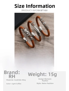 Detailed view of brown leather bracelets with vintage alloy charms and size parameters
