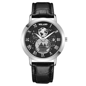 Fashionable men's quartz watch with Earth map dial, leather strap, and calendar display