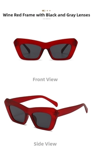 Front and 45-degree side views of retro wine red cat-eye sunglasses with dark grey lenses