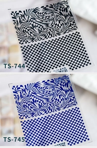 Detail showing blue and black 5D relief checkerboard nail art stickers TS-744 and TS-745