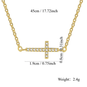 Elegant gold cross necklace with zircon crystals featuring dimensions and weight specs