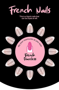 Detail of short almond French press-on nails with white tips on a sleek black background