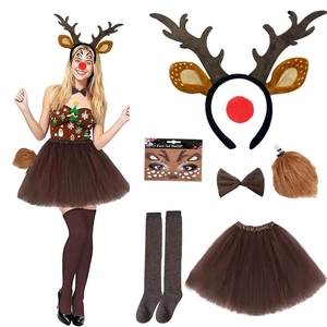 Cute Christmas reindeer costume set with brown dress, antler headband and matching accessories